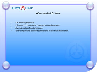 After market Drivers  Old vehicle population  Life span of components (frequency of replacement). Average value of parts replaced. Share of genuine-branded components in the total aftermarket. 