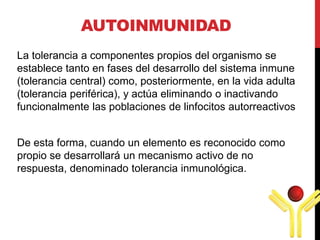 La tolerancia a componentes propios del organismo se
establece tanto en fases del desarrollo del sistema inmune
(tolerancia central) como, posteriormente, en la vida adulta
(tolerancia periférica), y actúa eliminando o inactivando
funcionalmente las poblaciones de linfocitos autorreactivos
De esta forma, cuando un elemento es reconocido como
propio se desarrollará un mecanismo activo de no
respuesta, denominado tolerancia inmunológica.
AUTOINMUNIDAD
 