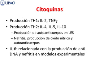 Citoquinas
• Producción TH1: IL-2, TNFg
• Producción TH2: IL-4, IL-5, IL-10
– Producción de autoanticuerpos en LES
– Nefritis, producción de óxido nítrico y
autoanticuerpos
• IL-6: relacionada con la producción de anti-
DNA y nefritis en modelos experimentales
 