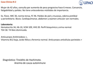 Caso Clínico N 2
Mujer de 42 años, consulta por aumento de peso progresivo hace 6 meses. Cansancio,
fatigabilidad y palidez. No tiene antecedentes mórbidos de importancia.
Ex. físico. IMC 30, normo tensa, FC 96. Palidez de piel y mucosas, edema pretibial
y periorbitario. Bocio. Cardiopulmonar, abdomen y examen articular son normales.
Laboratorio:
Hematocrito 34, Hb 10, VCM 109, VHS 20. Perfil bioquímico y orina normal.
TSH 30. T4 libre disminuida.
Anticuerpos Antitiroideos +,
Vitamina B12 baja, ácido fólico y ferremia normal. Anticuerpos anticélulas parietales +
Diagnóstico: Tiroiditis de Hashimoto.
Anemia de causa autoinmune
 