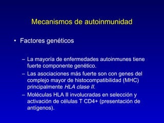 Mecanismos de autoinmunidad

• Factores genéticos

  – La mayoría de enfermedades autoinmunes tiene
    fuerte componente genético.
  – Las asociaciones más fuerte son con genes del
    complejo mayor de histocompatibilidad (MHC)
    principalmente HLA clase II.
  – Moléculas HLA II involucradas en selección y
    activación de células T CD4+ (presentación de
    antígenos).
 