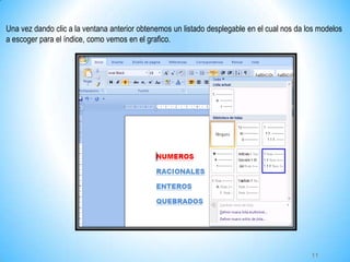 Una vez dando clic a la ventana anterior obtenemos un listado desplegable en el cual nos da los modelos
a escoger para el índice, como vemos en el grafico.
11
 