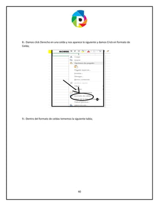 40
8.- Damos click Derecho en una celda y nos aparece lo siguiente y damos Crick en formato de
Celda;
9.- Dentro del formato de celdas tememos la siguiente tabla;
 