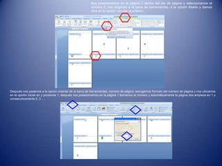 Nos posesionamos en la página 2 dentro del pie de página y seleccionamos el
número 2, nos dirigimos a la barra de herramientas, a la opción diseño y damos
click en la opción vincular al anterior.
Después nos pasamos a la opción insertar de la barra de herramientas, número de página, escogemos formato del número de página y nos ubicamos
en la opción iniciar en y ponemos 1, después nos posesionamos en la página 1 borramos el número y automáticamente la página dos empieza en 1 y
consecutivamente 2, 3 …
 
