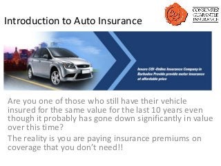 Introduction to Auto Insurance




Are you one of those who still have their vehicle
insured for the same value for the last 10 years even
though it probably has gone down significantly in value
over this time?
The reality is you are paying insurance premiums on
coverage that you don’t need!!
 