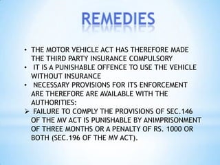 • THE MOTOR VEHICLE ACT HAS THEREFORE MADE
  THE THIRD PARTY INSURANCE COMPULSORY
• IT IS A PUNISHABLE OFFENCE TO USE THE ...