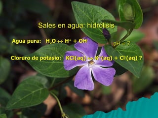Sales en agua: hidrólisis Agua pura:  H 2 O    H +  + OH - Cloruro de potasio:  KCl(aq)    K + (aq) + Cl - (aq) ? pH = 7 