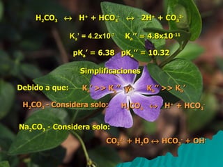 H 2 CO 3      H +  + HCO 3 -      2H +  + CO 3 2- Simplificaciones Debido a que: K a ’ >> K a ’’ H 2 CO 3  - Considera solo: H 2 CO 3      H +  + HCO 3 - Na 2 CO 3  - Considera solo: CO 3 2-  + H 2 O    HCO 3 -  + OH - K a ’ = 4.2x10 -7 K a ’’ = 4.8x10 -11 pK a ’ = 6.38 pK a ’’ = 10.32 K b ’’ >> K b ’ y 