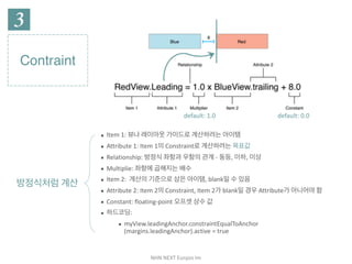 NHN	NEXT	Eunjoo	Im
Constraint
▪ Item 1: 뷰나 레이아웃 가이드로 계산하려는 아이템

▪ Attribute 1: Item 1의 Constraint로 계산하려는 목표값

▪ Relationship: 방정식 좌항과 우항의 관계 - 동등, 이하, 이상

▪ Multiplie: 좌항에 곱해지는 배수

▪ Item 2: 계산의 기준으로 삼은 아이템, blank일 수 있음

▪ Attribute 2: Item 2의 Constraint, Item 2가 blank일 경우 Attribute가 아니
어야 함

▪ Constant: floating-point 오프셋 상수 값

▪ 하드코딩:

▪ myView.leadingAnchor.constraintEqualToAnchor 
(margins.leadingAnchor).active = true
방정식처럼 계산
default: 1.0 default: 0.0
 