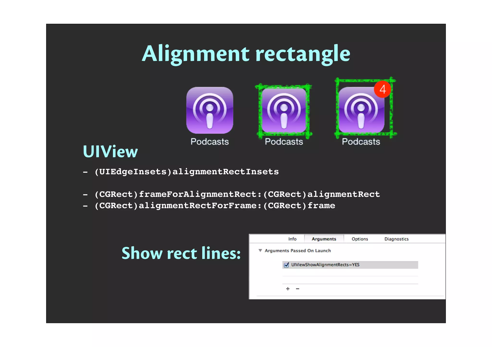Alignment rectangle
UIView
- (UIEdgeInsets)alignmentRectInsets
- (CGRect)frameForAlignmentRect:(CGRect)alignmentRect
- (CGRect)alignmentRectForFrame:(CGRect)frame
Show rect lines:
 