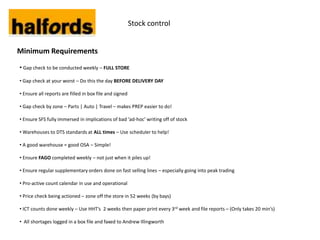 Stock control


Minimum Requirements
• Gap check to be conducted weekly – FULL STORE

• Gap check at your worst – Do this the day BEFORE DELIVERY DAY

• Ensure all reports are filled in box file and signed

• Gap check by zone – Parts | Auto | Travel – makes PREP easier to do!

• Ensure SFS fully immersed in implications of bad ‘ad-hoc’ writing off of stock

• Warehouses to DTS standards at ALL times – Use scheduler to help!

• A good warehouse = good OSA – Simple!

• Ensure FAGO completed weekly – not just when it piles up!

• Ensure regular supplementary orders done on fast selling lines – especially going into peak trading

• Pro-active count calendar in use and operational

• Price check being actioned – zone off the store in 52 weeks (by bays)

• ICT counts done weekly – Use HHT’s 2 weeks then paper print every 3rd week and file reports – (Only takes 20 min’s)

• All shortages logged in a box file and faxed to Andrew Illingworth
 