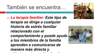 También se encuentra…


La terapia familiar: Este tipo de
terapia se dirige a cualquier
historia de estrés familiar
relacionado con el
comportamiento y puede ayudar
a los miembros de la familia
aprenden a comunicarse de
manera más directa y

 