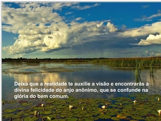 Deixa que a realidade te auxilie a visão e encontrarás a divina felicidade do anjo anônimo, que se confunde na glória do bem comum. Deixa que a realidade te auxilie a visão e encontrarás a divina felicidade do anjo anônimo, que se confunde na glória do bem comum. 
