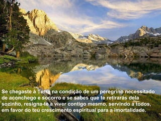 Se chegaste à Terra na condição de um peregrino necessita-do de aconchego e socorro e se sabes que te retirarás dela sozinho,  Se chegaste à Terra na condição de um peregrino necessitado de aconchego e socorro e se sabes que te retirarás dela sozinho, resigna-te a viver contigo mesmo, servindo a todos, em favor do teu crescimento espiritual para a imortalidade. 