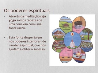 Os poderes espirituais
• Através da meditação raja
yoga somos capazes de
uma conexão com uma
fonte única.
• Esta fonte desperta em
nós poderes interiores, de
caráter espiritual, que nos
ajudam a obter o sucesso.
 