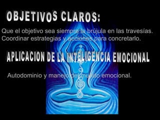 OBJETIVOS CLAROS: Que el objetivo sea siempre la brújula en las travesías.  Coordinar estrategias y acciones para concretarlo. APLICACION DE LA INTELIGENCIA EMOCIONAL Autodominio y manejo del mundo emocional. 