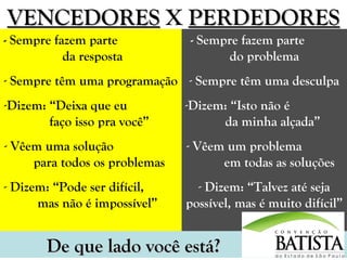 VENCEDORES X PERDEDORES
- Sempre fazem parte
da resposta

- Sempre fazem parte
do problema

- Sempre têm uma programação - Sempre têm uma desculpa
-Dizem: “Deixa que eu
faço isso pra você”

-Dizem: “Isto não é
da minha alçada”

- Vêem uma solução
para todos os problemas

- Vêem um problema
em todas as soluções

- Dizem: “Pode ser difícil,
mas não é impossível”

- Dizem: “Talvez até seja
possível, mas é muito difícil”

De que lado você está?

 