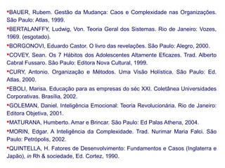BAUER, Rubem. Gestão da Mudança: Caos e Complexidade nas Organizações.
São Paulo: Atlas, 1999.
BERTALANFFY, Ludwig, Von. Teoria Geral dos Sistemas. Rio de Janeiro: Vozes,
1969. (esgotado).
BORGONOVI, Eduardo Castor. O livro das revelações. São Paulo: Alegro, 2000.
COVEY, Sean. Os 7 Hábitos dos Adolescentes Altamente Eficazes. Trad. Alberto
Cabral Fussaro. São Paulo: Editora Nova Cultural, 1999.
CURY, Antonio. Organização e Métodos. Uma Visão Holística. São Paulo: Ed.
Atlas, 2000.
EBOLI, Marisa. Educação para as empresas do séc XXI. Coletânea Universidades
Corporativas. Brasília, 2002.
GOLEMAN, Daniel. Inteligência Emocional: Teoria Revolucionária. Rio de Janeiro:
Editora Objetiva, 2001.
MATURANA, Humberto. Amar e Brincar. São Paulo: Ed Palas Athena, 2004.
MORIN, Edgar. A Inteligência da Complexidade. Trad. Nurimar Maria Falci. São
Paulo: Petrópolis, 2002.
QUINTELLA, H. Fatores de Desenvolvimento: Fundamentos e Casos (Inglaterra e
Japão), in Rh & sociedade, Ed. Cortez, 1990.

 