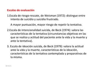 Escalas de evaluación
1.Escala de riesgo-rescate, de Weisman (1972): distingue entre
intento de suicidio y suicidio frustrado.
A mayor puntuación, mayor riesgo de repetir la tentativa.
2.Escala de intencionalidad suicida, de Beck (1974): valora las
características de la tentativa (circunstancias objetivas en las
que se realiza y actitud del paciente ante la vida y la muerte y
ante la tentativa).
3. Escala de ideación suicida, de Beck (1979): valora la actitud
ante la vida y la muerte, características de la ideación,
características de la tentativa contemplada y preparativos de
la misma.
28/10/15
 