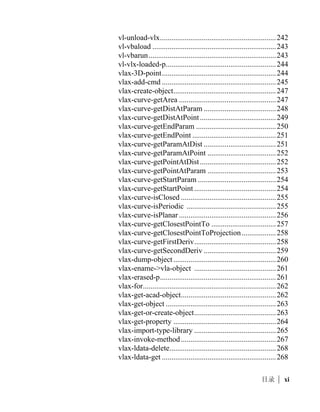 set_tile ....................................................................... 152
           setcfg ......................................................................... 152
           setenv ........................................................................ 153
           setfunhelp.................................................................. 153
           setq ............................................................................ 155
           setvar ......................................................................... 156
           setview ..................................................................... 157
           sin.............................................................................. 157
           slide_image ............................................................... 158
           snvalid ....................................................................... 159
           sqrt ............................................................................ 161
           ssadd.......................................................................... 161
           ssdel .......................................................................... 163
           ssget .......................................................................... 163
           ssgetfirst ................................................................... 167
           sslength ..................................................................... 167
           ssmemb ..................................................................... 168
           ssname....................................................................... 168
           ssnamex .................................................................... 169
           sssetfirst ................................................................... 172
           startapp...................................................................... 174
           start_dialog................................................................ 175
           start_image................................................................ 175
           start_list..................................................................... 176
           strcase........................................................................ 176
           strcat.......................................................................... 177
           strlen.......................................................................... 178
           subst .......................................................................... 178
           substr ......................................................................... 179
           tablet.......................................................................... 180
           tblnext ....................................................................... 181
           tblobjname ................................................................ 183
           tblsearch .................................................................... 184
           term_dialog ............................................................... 184
           terpri.......................................................................... 185
           textbox ...................................................................... 185
           textpage ..................................................................... 186

viii   |
 