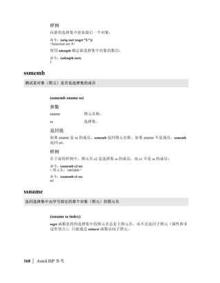 (setq a ’(x y z))
               (X Y Z)
               (setq b ’a)
               A
               (atom ’a)
               T
               (atom a)
               nil
               (atom ’b)
               T
               (atom b)
               T
               (atom ’(a b c))
               nil


atoms-family
         ?78@'9)*ABCD


               (atoms-family format [symlist])


               format                   