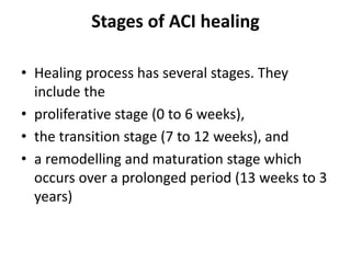 Stages of ACI healing
• Healing process has several stages. They
include the
• proliferative stage (0 to 6 weeks),
• the transition stage (7 to 12 weeks), and
• a remodelling and maturation stage which
occurs over a prolonged period (13 weeks to 3
years)
 