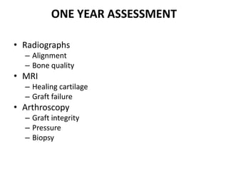 ONE YEAR ASSESSMENT
• Radiographs
– Alignment
– Bone quality
• MRI
– Healing cartilage
– Graft failure
• Arthroscopy
– Graft integrity
– Pressure
– Biopsy
 