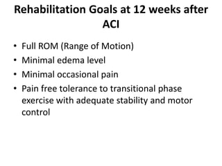 Rehabilitation Goals at 12 weeks after
ACI
• Full ROM (Range of Motion)
• Minimal edema level
• Minimal occasional pain
• Pain free tolerance to transitional phase
exercise with adequate stability and motor
control
 