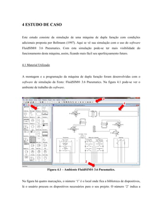 4 ESTUDO DE CASO 
Este estudo consiste da simulação de uma máquina de dupla furação com condições adicionais proposta por Bollmann (1997). Aqui se vê sua simulação com o uso do software FluidSIM® 3.6 Pneumatics. Com esta simulação pode-se ter mais visibilidade do funcionamento desta máquina, assim, ficando mais fácil seu aperfeiçoamento futuro. 
4.1 Material Utilizado 
A montagem e a programação da máquina de dupla furação foram desenvolvidas com o software de simulação da Festo: FluidSIM® 3.6 Pneumatics. Na figura 4.1 pode-se ver o ambiente de trabalho do software. 
Figura 4.1 – Ambiente FluidSIM® 3.6 Pneumatics. 
Na figura há quatro marcações, o número „1‟ é o local onde fica a biblioteca de dispositivos, lá o usuário procura os dispositivos necessários para o seu projeto. O número „2‟ indica a  