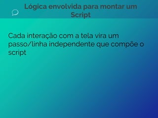 Lógica envolvida para montar um
Script
Cada interação com a tela vira um
passo/linha independente que compõe o
script
 
