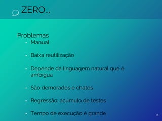 ZERO...
Problemas
▸ Manual
▸ Baixa reutilização
▸ Depende da linguagem natural que é
ambígua
▸ São demorados e chatos
▸ Regressão: acúmulo de testes
▸ Tempo de execução é grande 6
 