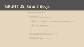 GRUNT JS: Gruntfile.js
module.exports = function(grunt) {
// Project configuration.
grunt.initConfig({
pkg: grunt.file.readJSON('package.json'),
uglify: {
options: {
banner: '/*! <%= pkg.name %> <%= grunt.template.today("yyyy-mm-dd") %> */n'
},
build: {
src: 'src/<%= pkg.name %>.js',
dest: 'build/<%= pkg.name %>.min.js'
}
}
});
// Load the plugin that provides the "uglify" task.
grunt.loadNpmTasks('grunt-contrib-uglify');
// Default task(s).
grunt.registerTask('default', ['uglify']);
};
 