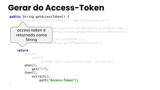 Gerar do Access-Token
public String getAccessToken() {
Configuration configuration = new Configuration();
String username = configuration.getAuthenticationUsername();
String password = configuration.getAuthenticationPassword();
baseURI = configuration.getAPIURL();
basePath = configuration.getAPIOauthContext();
return
given().
auth()
.preemptive().basic(username, password).
when().
get("/").
then().
extract().
path("Access-Token");
}
access-token é
retornado como
String
 