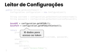 Leitor de Configurações
public String getAccessToken() {
Configuration configuration = new Configuration();
String username = configuration.getAuthenticationUsername();
String password = configuration.getAuthenticationPassword();
baseURI = configuration.getAPIURL();
basePath = configuration.getAPIOauthContext();
return
given().
auth()
.preemptive().basic(username, password).
when().
get("/").
then().
extract().
path("Access-Token");
}
lê dados para
acesso ao token
 