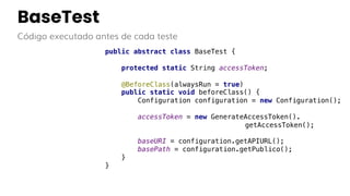 BaseTest
public abstract class BaseTest {
protected static String accessToken;
@BeforeClass(alwaysRun = true)
public static void beforeClass() {
Configuration configuration = new Configuration();
accessToken = new GenerateAccessToken().
getAccessToken();
baseURI = configuration.getAPIURL();
basePath = configuration.getPublico();
}
}
Código executado antes de cada teste
 