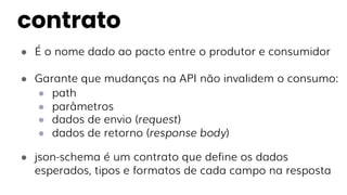 ● É o nome dado ao pacto entre o produtor e consumidor
● Garante que mudanças na API não invalidem o consumo:
● path
● parâmetros
● dados de envio (request)
● dados de retorno (response body)
● json-schema é um contrato que define os dados
esperados, tipos e formatos de cada campo na resposta
contrato
 