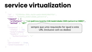 service virtualization
{
"id" : "f238845e-369c-4a34-aa69-04d9240d7fb5",
"name" : "evento_modalidade_palestra",
"request" : {
"urlPattern" : "/v1/publico/evento/110/modalidade/2685/palestra/10083",
"method" : "GET"
},
"response" : {
"status" : 200,
"bodyFileName" : "evento_modalidade_palestra_data.json",
"headers" : {
"Authorization": "*"
}
},
"persistent" : true,
"insertionIndex" : 1
}
sempre que uma requisição for igual a esta
URL (inclusive com os dados)
 