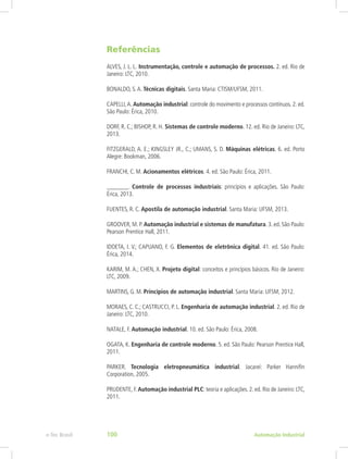 Referências
ALVES, J. L. L. Instrumentação, controle e automação de processos. 2. ed. Rio de
Janeiro: LTC, 2010.
BONALDO, S.A. Técnicas digitais. Santa Maria: CTISM/UFSM, 2011.
CAPELLI,A. Automação industrial: controle do movimento e processos contínuos. 2. ed.
São Paulo: Érica, 2010.
DORF, R. C.; BISHOP, R. H. Sistemas de controle moderno. 12. ed. Rio de Janeiro: LTC,
2013.
FITZGERALD, A. E.; KINGSLEY JR., C.; UMANS, S. D. Máquinas elétricas. 6. ed. Porto
Alegre: Bookman, 2006.
FRANCHI, C. M. Acionamentos elétricos. 4. ed. São Paulo: Érica, 2011.
_______. Controle de processos industriais: princípios e aplicações. São Paulo:
Érica, 2013.
FUENTES, R. C. Apostila de automação industrial. Santa Maria: UFSM, 2013.
GROOVER, M. P. Automação industrial e sistemas de manufatura. 3. ed. São Paulo:
Pearson Prentice Hall, 2011.
IDOETA, I. V.; CAPUANO, F. G. Elementos de eletrônica digital. 41. ed. São Paulo:
Érica, 2014.
KARIM, M. A.; CHEN, X. Projeto digital: conceitos e princípios básicos. Rio de Janeiro:
LTC, 2009.
MARTINS, G. M. Princípios de automação industrial. Santa Maria: UFSM, 2012.
MORAES, C. C.; CASTRUCCI, P. L. Engenharia de automação industrial. 2. ed. Rio de
Janeiro: LTC, 2010.
NATALE, F. Automação industrial. 10. ed. São Paulo: Érica, 2008.
OGATA, K. Engenharia de controle moderno. 5. ed. São Paulo: Pearson Prentice Hall,
2011.
PARKER. Tecnologia eletropneumática industrial. Jacareí: Parker Hannifin
Corporation, 2005.
PRUDENTE, F. Automação industrial PLC: teoria e aplicações. 2. ed. Rio de Janeiro: LTC,
2011.
Automação Industrial
e-Tec Brasil 100
 
