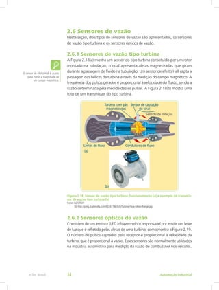 2.6 Sensores de vazão
Nesta seção, dois tipos de sensores de vazão são apresentados, os sensores
de vazão tipo turbina e os sensores ópticos de vazão.
2.6.1 Sensores de vazão tipo turbina
A Figura 2.18(a) mostra um sensor do tipo turbina constituído por um rotor
montado na tubulação, o qual apresenta aletas magnetizadas que giram
durante a passagem de fluido na tubulação. Um sensor de efeito Hall capta a
passagem das hélices da turbina através da medição do campo magnético. A
frequência dos pulsos gerados é proporcional à velocidade do fluido, sendo a
vazão determinada pela medida desses pulsos. A Figura 2.18(b) mostra uma
foto de um transmissor do tipo turbina.
Figura 2.18: Sensor de vazão tipo turbina: funcionamento (a) e exemplo de transmis-
sor de vazão tipo turbina (b)
Fonte: (a) CTISM
(b) http://pimg.tradeindia.com/00247746/b/0/Turbine-Flow-Meter-Range.jpg
2.6.2 Sensores ópticos de vazão
Consistem de um emissor (LED infravermelho) responsável por emitir um feixe
de luz que é refletido pelas aletas de uma turbina, como mostra a Figura 2.19.
O número de pulsos captados pelo receptor é proporcional à velocidade da
turbina, que é proporcional à vazão. Esses sensores são normalmente utilizados
na indústria automotiva para medição da vazão de combustível nos veículos.
O sensor de efeito Hall é usado
para medir a magnitude de
um campo magnético.
Automação Industrial
e-Tec Brasil 34
 