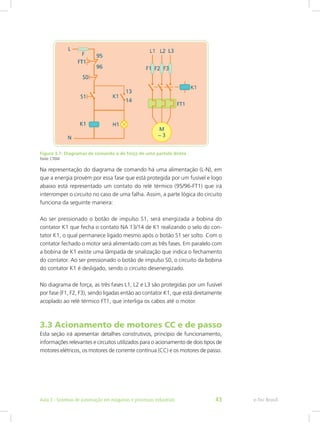 Figura 3.7: Diagramas de comando e de força de uma partida direta
Fonte: CTISM
Na representação do diagrama de comando há uma alimentação (L-N), em
que a energia provém por essa fase que está protegida por um fusível e logo
abaixo está representado um contato do relé térmico (95/96-FT1) que irá
interromper o circuito no caso de uma falha. Assim, a parte lógica do circuito
funciona da seguinte maneira:
Ao ser pressionado o botão de impulso S1, será energizada a bobina do
contator K1 que fecha o contato NA 13/14 de K1 realizando o selo do con-
tator K1, o qual permanece ligado mesmo após o botão S1 ser solto. Com o
contator fechado o motor será alimentado com as três fases. Em paralelo com
a bobina de K1 existe uma lâmpada de sinalização que indica o fechamento
do contator. Ao ser pressionado o botão de impulso S0, o circuito da bobina
do contator K1 é desligado, sendo o circuito desenergizado.
No diagrama de força, as três fases L1, L2 e L3 são protegidas por um fusível
por fase (F1, F2, F3), sendo ligadas então ao contator K1, que está diretamente
acoplado ao relé térmico FT1, que interliga os cabos até o motor.
3.3 Acionamento de motores CC e de passo
Esta seção irá apresentar detalhes construtivos, princípio de funcionamento,
informações relevantes e circuitos utilizados para o acionamento de dois tipos de
motores elétricos, os motores de corrente contínua (CC) e os motores de passo.
e-Tec Brasil
Aula 3 - Sistemas de automação em máquinas e processos industriais 43
 