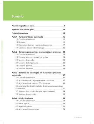 e-Tec Brasil
Sumário
Palavra do professor-autor 9
Apresentação da disciplina 11
Projeto instrucional 13
Aula 1 – Fundamentos de automação 15
1.1 Considerações iniciais 15
1.2 Histórico 15
1.3 Processos industriais e variáveis de processo 17
1.4 Conceitos básicos e terminologia 20
Aula 2 – Sensores para controle e automação de processos 23
2.1 Considerações iniciais 23
2.2 Tipos de sensores e simbologia gráfica 24
2.3 Sensores de pressão 29
2.4 Sensores de temperatura 30
2.5 Sensores de nível 32
2.6 Sensores de vazão 34
Aula 3 – Sistemas de automação em máquinas e processos
industriais 37
3.1 Considerações iniciais 37
3.2 Acionamento de cargas por relés e contatores 37
3.3 Acionamento de motores CC e de passo 43
3.4 Acionamentos de eletroválvulas de comandos pneumáticos
e hidráulicos 50
3.5 Sistemas de controles discretos e proporcionais 54
3.6 Sistemas de supervisão 59
Aula 4 – Lógica booleana 63
4.1 Considerações iniciais 63
4.2 Portas lógicas 63
4.3 Álgebra booleana 68
4.4 Acionamentos sequenciais 74
 