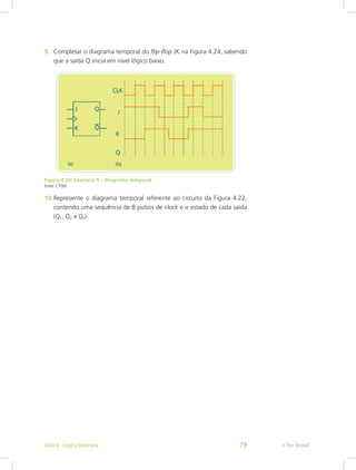 9. Completar o diagrama temporal do flip-flop JK na Figura 4.24, sabendo
que a saída Q inicia em nível lógico baixo.
Figura 4.24: Exercício 9 – Diagrama temporal
Fonte: CTISM
10.Represente o diagrama temporal referente ao circuito da Figura 4.22,
contendo uma sequência de 8 pulsos de clock e o estado de cada saída
(Q1, Q2 e Q3).
e-Tec Brasil
Aula 4 - Lógica booleana 79
 