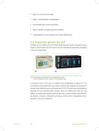 • Menor consumo de energia.
• Maior confiabilidade e flexibilidade.
• Reutilização para outros processos.
• Maior rapidez na elaboração dos projetos.
• Capacidade de comunicação com outros dispositivos.
5.2 Aspectos gerais do CLP
A Figura 5.1(a) mostra um CLP comercial de pequeno porte, enquanto que a
Figura 5.1(b) mostra um CLP comercial com módulos de expansão anexados
e recursos avançados.
Figura 5.1: CLP comercial: pequeno porte (a) e com módulos de expansão (b)
Fonte: (a) http://www.ergmotoreseletricos.com.br/img/clp-linha-clic02.jpg
(b) http://docplayer.com.br/docs-images/30/14323916/images/1-0.jpg
A maneira como o CLP atua no sistema está simbolizada na Figura 5.2. Os
transdutores são dispositivos que fazem a leitura das variáveis do processo e
enviam sinais elétricos para as entradas do CLP. O CLP, em função do programa
gravado em sua memória pelo usuário, atua no sistema por meio de suas
saídas. As variáveis de saída do sistema executam, a cada instante, acionamento
de válvulas, motores, indicações luminosas, entre outros, interagindo com o
processo a fim de controlá-lo.
Automação Industrial
e-Tec Brasil 82
 