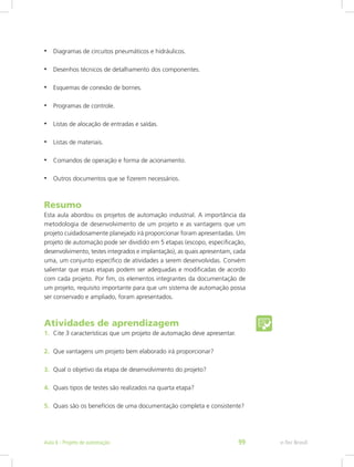 • Diagramas de circuitos pneumáticos e hidráulicos.
• Desenhos técnicos de detalhamento dos componentes.
• Esquemas de conexão de bornes.
• Programas de controle.
• Listas de alocação de entradas e saídas.
• Listas de materiais.
• Comandos de operação e forma de acionamento.
• Outros documentos que se fizerem necessários.
Resumo
Esta aula abordou os projetos de automação industrial. A importância da
metodologia de desenvolvimento de um projeto e as vantagens que um
projeto cuidadosamente planejado irá proporcionar foram apresentadas. Um
projeto de automação pode ser dividido em 5 etapas (escopo, especificação,
desenvolvimento, testes integrados e implantação), as quais apresentam, cada
uma, um conjunto específico de atividades a serem desenvolvidas. Convém
salientar que essas etapas podem ser adequadas e modificadas de acordo
com cada projeto. Por fim, os elementos integrantes da documentação de
um projeto, requisito importante para que um sistema de automação possa
ser conservado e ampliado, foram apresentados.
Atividades de aprendizagem
1. Cite 3 características que um projeto de automação deve apresentar.
2. Que vantagens um projeto bem elaborado irá proporcionar?
3. Qual o objetivo da etapa de desenvolvimento do projeto?
4. Quais tipos de testes são realizados na quarta etapa?
5. Quais são os benefícios de uma documentação completa e consistente?
e-Tec Brasil
Aula 6 - Projeto de automação 99
 