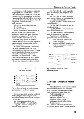 Diagrama de Bloco de Função
    O nome de instância de um bloco de              Set_Point_EA_D – valor ajustado
função pode ser usado como a entrada            para desarme (atuado no ponto muito
para uma função ou bloco de função, se          alto, HH)
declarado como uma variável de entrada              Set_Point_EA_A – valor ajustado
na declaração VAR_INPUT ou como uma             para alarme (atuado no ponto de alta, H)
variável de entrada/saída de um bloco de            As saídas do bloco são:
função em uma declaração                            By_pass_BYMR – retorno do bypass
VAR_IN_OUT                                      da manutenção
    Os blocos de função podem ser                   Tag_SH_INTLK – saída de alta do
   1. Padrão                                    intertravamento
   2. Personalizado                                 Tag_SH_COMP – comparador do
    Bloco padrão é aquele elementar e           sinal de alarme de alto
seminal, que é usado clonado em                     Tag_SHH_COMP – comparador do
aplicações repetitivas, onde ele pode           sinal de desarme de muito alto
aparecer várias vezes. A partir dos                 Para construir este bloco
blocos padrão, fabricantes de CLP,              personalizado, foram utilizados:
usuários e integradores de sistema                 1.    duas portas de seleção GE
desenvolveram os blocos personalizados                   (maior ou igual)
ou compostos, para executar tarefas                2.    uma porta MOVE, para levar um
mais complexas.                                          sinal da entrada para a saída
    Fazendo analogia com a eletrônica,             3.    uma porta OR
um bloco padrão é análogo e a um
componente discreto de circuito. O bloco
personalizado é análogo a um circuito
integrado, onde vários elementos
discretos são combinados. O bloco
personalizado é fechado e difícil para o
seu usuário entender sua operação, a
não ser que ele seja bem documentado.



                     ***                        Fig. 6.3. Interior do bloco de função
             Alm Alta Bypass                    Alm_Alta_Bypass


       By pass M ED     By pass BYMR
       Tag EA          Tag SH INTLK
       Set Point EA D Tag SH COMP
       Set Point EA A Tag SHH COMP              3. Blocos Funcionais Padrão
       000                                      AIN
                                                    Bloco de entrada analógica. Recebe e
Fig. 6.2. Bloco de função personalizado, para   transforma os valores das entradas
alarme e desarme de alta com bypass             analógicas em contagens de um valor
                                                real, limitando-os entre MN e MX.
    Por exemplo, pode-se criar um bloco             Parâmetros do bloco:
de função personalizado para fazer                  IN Entrada (DINT)
alarme de alta de uma variável analógica            MX Limite superior (REAL)
com bypass.                                         MN Limite inferior (REAL)
    As entradas deste bloco são:                    Saída varia de MN a MX (REAL)
    By_pass_M_ED – entrada digital                  Característica:
    Tag_EA – entrada analógica da               Se a entrada está entre 819 e 4095
variável a ser alarmada                         contagens, Então o valor da saída varia


                                                                                        6.2
 