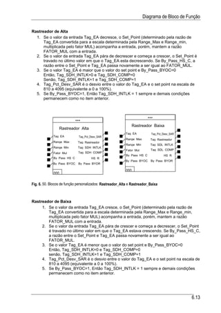 Diagrama de Bloco de Função

Rastreador de Alta
  1. Se o valor da entrada Tag_EA decresce, o Set_Point (determinado pela razão de
      Tag_EA convertida para a escala determinada pela Range_Max e Range_min,
      multiplicada pelo fator MUL) acompanha a entrada, porém, mantem a razão
      FATOR_MUL com a entrada.
  2. Se o valor da entrada Tag_EA pára de decrescer e começa a crescer, o Set_Point é
      travado no último valor em que o Tag_EA esta decrescendo. Se By_Pass_HS_C, a
      razão entre o Set_Point e Tag_EA passa novamente a ser igual ao FATOR_MUL.
  3. Se o valor Tag_EA é maior que o valor do set point e By_Pass_BYOC=0
      Então, Tag_SDH_INTLK=0 e Tag_SDH_COMP=0
      Senão, Tag_SDH_INTLK=1 e Tag_SDH_COMP=1
  4. Tag_Pct_Desv_SAR é o desvio entre o valor do Tag_EA e o set point na escala de
      810 a 4095 (equivalente a 0 a 100%).
  5. Se By_Pass_BYOC=1, Então Tag_SDH_INTLK = 1 sempre e demais condições
      permanecem como no item anterior.



                                                                          ***
                            ***
                                                                 Rastreador Baixa
                   Rastreador Alta
                                                           Tag EA           Tag_Pct_Desv_SAR
             Tag EA           Tag_Pct_Desv_SAR
                                                           Range Max       Tag Rastreador
             Range Max       Tag Rastreador
                                                           Range Min       Tag SDL INTLK
             Range Min       Tag SDH INTLK
                                                           Fator Mul       Tag SDL COMP
             Fator Mul       Tag SDH COMP
                                                           By Pass HS C             HS R
             By Pass HS C             HS R
                                                           By Pass BYOC    By Pass BYOR
             By Pass BYOC    By Pass BYOR

                                                           000
             000

Fig. 6. 50. Blocos de função personalizados: Rastreador_Alta e Rastreador_Baixa



Rastreador de Baixa
     1. Se o valor da entrada Tag_EA cresce, o Set_Point (determinado pela razão de
        Tag_EA convertida para a escala determinada pela Range_Max e Range_min,
        multiplicada pelo fator MUL) acompanha a entrada, porém, mantem a razão
        FATOR_MUL com a entrada.
     2. Se o valor da entrada Tag_EA pára de crescer e começa a decrescer, o Set_Point
        é travado no último valor em que o Tag_EA estava crescendo. Se By_Pass_HS_C,
        a razão entre o Set_Point e Tag_EA passa novamente a ser igual ao
        FATOR_MUL.
     3. Se o valor Tag_EA é menor que o valor do set point e By_Pass_BYOC=0
        Então, Tag_SDH_INTLK=0 e Tag_SDH_COMP=0
        senão, Tag_SDH_INTLK=1 e Tag_SDH_COMP=1
     4. Tag_Pct_Desv_SAR é o desvio entre o valor do Tag_EA e o set point na escala de
        810 a 4095 (equivalente a 0 a 100%).
     5. Se By_Pass_BYOC=1, Então Tag_SDH_INTLK = 1 sempre e demais condições
        permanecem como no item anterior.




                                                                                               6.13
 