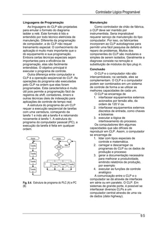Controlador Lógico Programável

Linguagens de Programação                                 Manutenção
     As linguagens do CLP são projetadas                      Como controlador de chão de fábrica,
para emular o formato do diagrama                         o CLP deve ser mantido por
ladder a relé. Este formato é lido e                      instrumentista. Seria impraticável
entendido por todo técnico eletricista de                 requerer serviço de manutenção do tipo
manutenção. Diferente da programação                      computador. Por isso, os fabricantes
de computador, a do CLP não requer                        incorporam ao CLP autodiagnose para
treinamento especial. O conhecimento da                   permitir uma fácil pesquisa de defeito e
aplicação é muito mais importante que o                   reparo de problemas. Muitos dos
do equipamento e sua programação.                         componentes do CLP são modulares e
Embora certas técnicas especiais sejam                    simples de serem isolados. Geralmente a
importantes para a eficiência da                          diagnose consiste na remoção e
programação, elas são facilmente                          substituição de módulos do tipo plug in.
entendidas. O objetivo principal é
                                                          Conclusão
executar o programa de controle.
     Outra diferença entre computador e                       O CLP e o computador não são
CLP é a operação seqüencial do CLP. As                    intercambiáveis; na verdade, eles se
operações do programa são executadas                      complementam. O CLP e o computador
pelo CLP na ordem que elas foram                          podem ser combinados em um sistema
programadas. Esta característica é muito                  de controle de forma a se utilizar as
útil pois permite a programação fácil de                  melhores capacidades de cada um.
registros de shift, contadores, timers e                      O CLP se encarrega de
outras técnicas úteis de indexação para                      1. interfacear equipamentos externos
aplicações de controle de tempo real.                            acionados por tensão alta, da
     A estrutura do programa de um CLP                           ordem de 120 V ca.
requer a execução seqüencial de tarefas                      2. interfacear equipamentos externos
com uma varredura, começando da                                  discretos de entrada, como chaves
tarefa 1 e indo até a tarefa 4 e retornando                      e botoeiras
novamente á tarefa 1. A estrutura do                         3. executar a lógica de
programa do computador pessoal (PC), a                           intertravamento do processo.
execução da tarefa é feita em qualquer                        Os computadores têm algumas
ordem.                                                    capacidades que são difíceis de
                                                          reproduzir em CLP. Assim, o computador
                                                          se encarrega de
       Início                   Início                       1. lidar com tipos especiais de
                                                                 controle e matemática.
      Tarefa                     Ocorre    Não               2. carregar e descarregar os
                                 evento
        1                                                        programas do CLP ou os dados de
                                                                 produção e processo
      Tarefa                     Classi-
        2                        fica                        3. gerar a documentação necessária
                                                                 para melhorar a produtividade,
      Tarefa                                                     emitindo relatórios de produção,
        3         T         Tarefa    Tarefa     Tarefa
                              2         3          4             por exemplo
                      f 1
      Tarefa                                                 4. executar as funções de controle
        4                                                        analógico
                                                              A comunicação entre o CLP e o
                                                          computador se dá através de interfaces
Fig. 9.4. Estrutura de programa do PLC (A) e PC           em série ou em paralelo. O CLP. Em
(B)                                                       sistemas de grande porte, é possível se
                                                          interfacear diversos CLPs a um
                                                          computador central através de uma via
                                                          de dados (data highway).




                                                                                               9.5
 