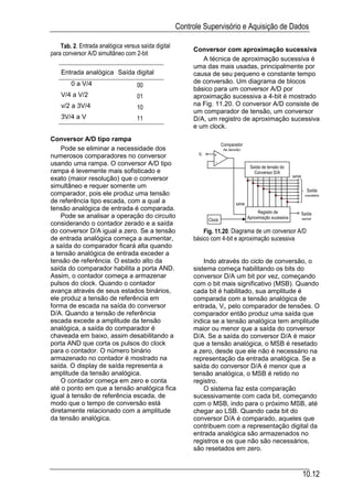 Controle Supervisório e Aquisição de Dados

    Tab. 2. Entrada analógica versus saída digital
                                                          Conversor com aproximação sucessiva
para conversor A/D simultâneo com 2-bit
                                                             A técnica de aproximação sucessiva é
                                                          uma das mais usadas, principalmente por
    Entrada analógica Saída digital                       causa de seu pequeno e constante tempo
        0 a V/4                                           de conversão. Um diagrama de blocos
                                    00
                                                          básico para um conversor A/D por
    V/4 a V/2                       01                    aproximação sucessiva a 4-bit é mostrado
    v/2 a 3V/4                                            na Fig. 11.20. O conversor A/D consiste de
                                    10
                                                          um comparador de tensão, um conversor
    3V/4 a V                        11                    D/A, um registro de aproximação sucessiva
                                                          e um clock.
Conversor A/D tipo rampa
                                                                         Comparador
    Pode se eliminar a necessidade dos                                    de tensão
numerosos comparadores no conversor                         Vi     +
usando uma rampa. O conversor A/D tipo                              -
                                                                                       Saída de tensão do
rampa é levemente mais sofisticado e                                                     Conversor D/A
exato (maior resolução) que o conversor                                                                       MSB
simultâneo e requer somente um
                                                                                                                       Saída
comparador, pois ele produz uma tensão                                                                                paralela
de referência tipo escada, com a qual a
                                                                               MSB
tensão analógica de entrada é comparada.                                                   Registro de              Saída
    Pode se analisar a operação do circuito                                           Aproximação sucessiva         serial
                                                                 Clock
considerando o contador zerado e a saída
do conversor D/A igual a zero. Se a tensão                    Fig. 11.20. Diagrama de um conversor A/D
de entrada analógica começa a aumentar,                   básico com 4-bit e aproximação sucessiva
a saída do comparador ficará alta quando
a tensão analógica de entrada exceder a
tensão de referência. O estado alto da                        Indo através do ciclo de conversão, o
saída do comparador habilita a porta AND.                 sistema começa habilitando os bits do
Assim, o contador começa a armazenar                      conversor D/A um bit por vez, começando
pulsos do clock. Quando o contador                        com o bit mais significativo (MSB). Quando
avança através de seus estados binários,                  cada bit é habilitado, sua amplitude é
ele produz a tensão de referência em                      comparada com a tensão analógica de
forma de escada na saída do conversor                     entrada, Vi, pelo comparador de tensões. O
D/A. Quando a tensão de referência                        comparador então produz uma saída que
escada excede a amplitude da tensão                       indica se a tensão analógica tem amplitude
analógica, a saída do comparador é                        maior ou menor que a saída do conversor
chaveada em baixo, assim desabilitando a                  D/A. Se a saída do conversor D/A é maior
porta AND que corta os pulsos do clock                    que a tensão analógica, o MSB é resetado
para o contador. O número binário                         a zero, desde que ele não é necessário na
armazenado no contador é mostrado na                      representação da entrada analógica. Se a
saída. O display de saída representa a                    saída do conversor D/A é menor que a
amplitude da tensão analógica.                            tensão analógica, o MSB é retido no
    O contador começa em zero e conta                     registro.
até o ponto em que a tensão analógica fica                    O sistema faz esta comparação
igual à tensão de referência escada, de                   sucessivamente com cada bit, começando
modo que o tempo de conversão está                        com o MSB, indo para o próximo MSB, até
diretamente relacionado com a amplitude                   chegar ao LSB. Quando cada bit do
da tensão analógica.                                      conversor D/A é comparado, aqueles que
                                                          contribuem com a representação digital da
                                                          entrada analógica são armazenados no
                                                          registros e os que não são necessários,
                                                          são resetados em zero.


                                                                                                                    10.12
 