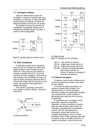 Componentes Eletromecânicos
 7.1. Contagem simples                                                       IN 01          CR 17
    Após um determinado número de
 contagens, a saída do contador liga, para                         IN 02                    CR 18
 energizar um indicador. O status da saída            Contador                    Preset
 pode também ser utilizado na lógica do                                             06
 diagrama ladder na forma de um contato.
                                                                   IN 01
    O contador funciona se sua linha de                                            Reg
                                                      Habilita
 habilitação é energizada. Depois que a                                           HR 75
 entrada de contagem atinge 18 pulsos, a
 saída do relé é energizada.                                      IN 03                     CR 19
                                                      Contador                    Preset
                                                                                    08
                                     UC
                                     CR 21                         IN 01
             IN 04                                    Habilita                     Reg
Contador                    Preset                                                HR 76
                              018                                                           CR 20
                                                                   IN 01    CR 19
             IN 06
Habilita                     Reg
                            HR 037                                     CR 18


                                                 (b) Diagrama ladder
 Fig. 2.22. Operação básica do contador no CLP   Fig. 2.23. Aplicação com dois contadores

 7.2. Dois contadores                               CR 17 – relé mestre do sistema
                                                    CR 18 – Lógica para contar até 6 (C)
     A aplicação envolve dois contadores.           CR 19 – Lógica para contar até 8 (D)
 Quer-se que um indicador de saída fique            CR 020 – vai para uma lâmpada piloto
 ligado quando houver 6 peças de uma                       para indicar quando, no
 esteira C e oito peças de uma esteira D                   mínimo, 6 peças A e 8 peças B
 entrada na esteira comum E. O circuito                    entraram na esteira E.
 monitora as duas contagens. IN 02 e IN 03
 são sensores de proximidade que dão um          7.3. Número de peças
 pulso quando uma peça passa por eles. O             O sistema é para contar a diferença do
 circuito não indica mais do que seis ou oito    número de peças que entram e que saem
 peças, ele somente indica quando há             de uma esteira.
 peças suficientes.                                  O número de peças que entram na
     Para repetir o processo, abrir IN 01        esteira é contado pelo contador com
 para resetar o sistema. Depois , fechar de      entrada IN 02 e o número de peças
 novo IN 01.                                     deixando a esteira é contado pelo contador
                                                 com entrada IN 03. Cada contador é
                                                 alimentado pela saída de uma chave de
                     Para IN 02                  proximidade.
                                                     É necessário que a contagem inicial
                                                 seja exata. Quando começando a
                                  Esteira E      operação, o número de peças na esteira
                                                 deve ser determinado. Este número de
                                                 contagem é programado no registrador
                     Para IN 02                  comum, HR 101. Normalmente, é
                                                 necessário colocar este número no
                                                 contador decrescente, como o número
 (a) Lógica das esteiras
                                                 predeterminado. Então, qualquer peça indo
                                                 na esteira, pulsa o contador crescente. O
                                                 registro do contador, que é comum aos

                                                                                              2.19
 