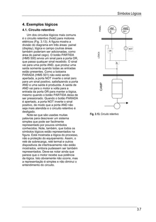 Símbolos Lógicos

4. Exemplos lógicos




                                                         PAINEL
4.1. Circuito retentivo                                            HM          HMS
                                                                   S           501
    Um dos circuitos lógicos mais comuns
é o circuito retentivo (hold) para motores
elétricos (Fig. 3.13). A figura mostra a
divisão do diagrama em três áreas: painel
(display), lógica e campo (outras áreas                                              NOT
também poderiam ser adicionadas, como                             OR




                                                      LÓGICA
área do painel cego). O botão PARTIDA
(HMS 500) envia um sinal para a porta OR,
que passa qualquer sinal recebido. O sinal                               A
vai para uma porta AND, que produz uma
saída somente quando todas as entradas
estão presentes. Como a botoeira
PARADA (HMS 501) não está sendo
apertada, a porta NOT inverte o sinal zero
para um sinal positivo, satisfazendo a porta




                                                          CAMP
AND e uma saída é produzida. A saída de
AND vai para o motor e volta para a
entrada da porta OR para manter a lógica,
mesmo quando o botão PARTIDA deixa de
ser pressionado. Quando o botão PARADA
é apertado, a porta NOT inverte o sinal
positivo, de modo que a porta AND não
seja mais atendida e o circuito retentivo é
desligado.
    Note-se que são usadas muitas              Fig. 3.13. Circuito retentivo
palavras para descrever um sistema
simples que pode ser facilmente
representado por poucos símbolos
conhecidos. Note, também, que todos os
símbolos lógicos estão representados na
figura. Está mostrada a lógica do processo,
não a proteção do equipamento. Assim, o
relé de sobrecarga, relé termal e outros
dispositivos de intertravamento não estão
mostrados, embora pudessem ser também
representados. Deve-se notar ainda que
parece que o motor recebe sua potência
da lógica. Isto obviamente não ocorre, mas
a representação é simples e não diminui o
entendimento do circuito.




                                                                                           3.7
 